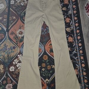 Women's Vintage Forever 21 Tan Flare Pants Lace Up Stretch Small